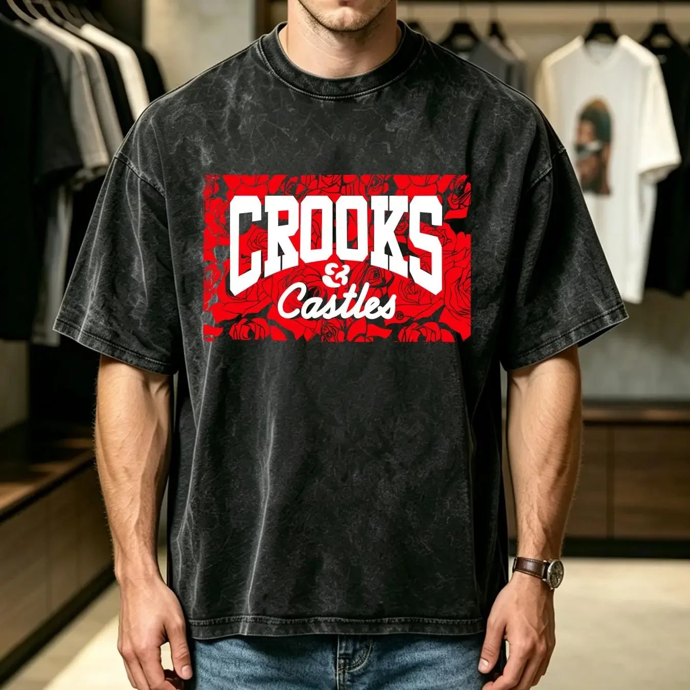 washed T Shirt Crooks Castles Roses Logo  Men's Large long sleeves vintage Washed designer clothes Comfortable Versatile