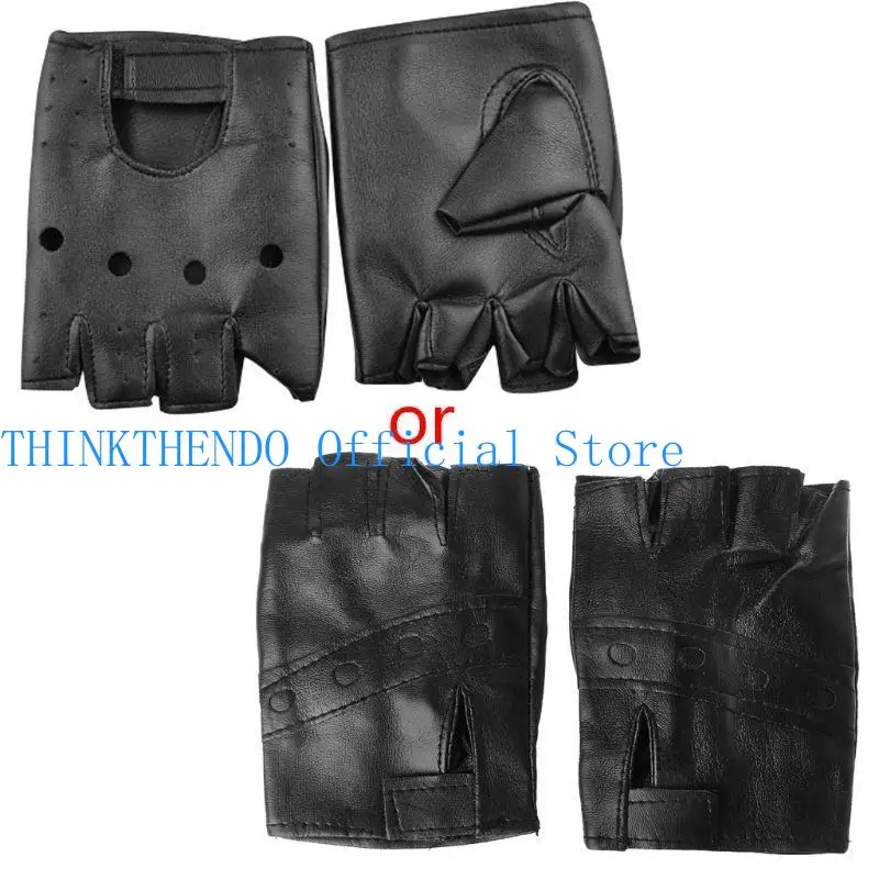 

39BB Fashion Motor Punk Gloves Unisex Black Faux Leather Fingerless Driving Mittens