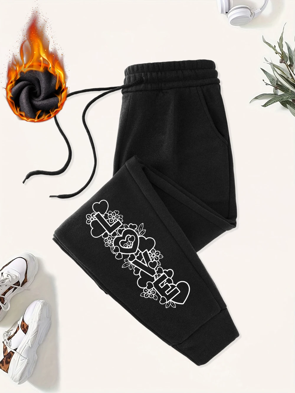 Creative Flowers Around Love Text Prints Sweatpants Womens Casual Pants Pocket Fleece Warm Trousers Winter Womans Streetwear