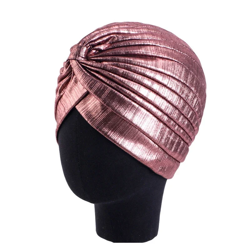 New Women Gold Silver Turban Hats Chemo Bandana Hijab Pleated Indian Cap Turbante Hat Ladies Hair Loss Headscarf Muslim Headwear