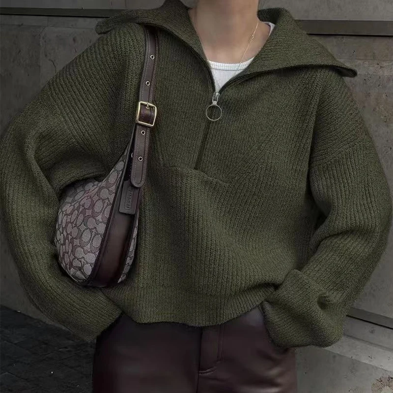 Autumn and Winter Fashion Collar Polyester+Pandex Long Sleeve Pullover Dark Color Women's V-neck Long sleeve T-shirt with Zipper