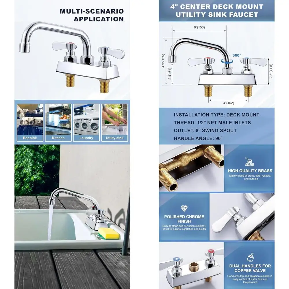 

6 поворотных изливок, двойная ручка, 4-центровый смеситель для коммерческой стиральной мойки с латунной конструкцией и хромированной отделкой для утилиты, Gara