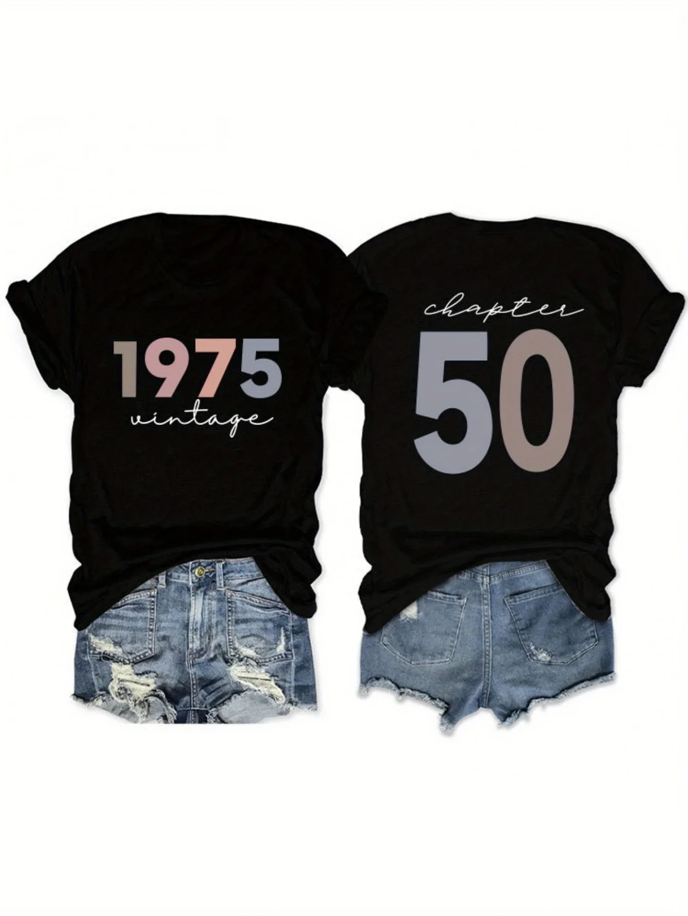 1975 Retro Chapter Europees en Amerikaans comfortabel losvallend dames T-shirt met ronde hals en korte mouwen, 180 g puur dubbelzijdig