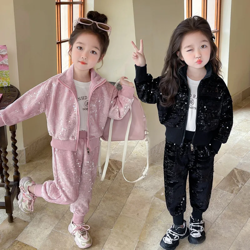 

Girls' Fashion Clothes Set New Autumn Spring Kids Girls Sequins Sports Suit Children Casual Two Piece Outfits Set 2 4 6 8 yrs
