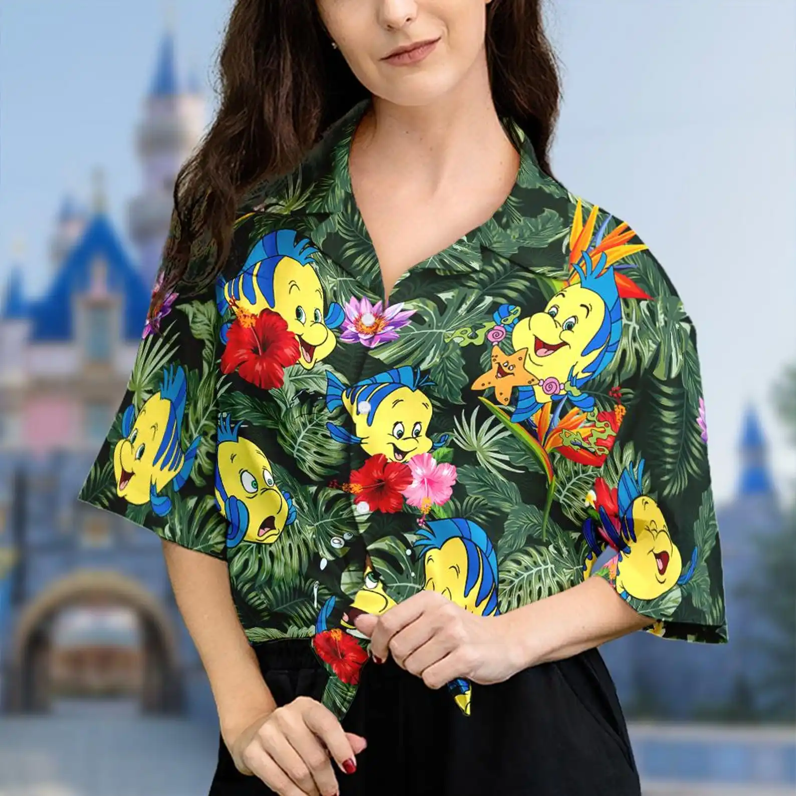 

The Little Mermaid Women's Shirt Button Up Hawaiian Shirt Disney Summer Casual Women Short Sleeve Beach Shirts