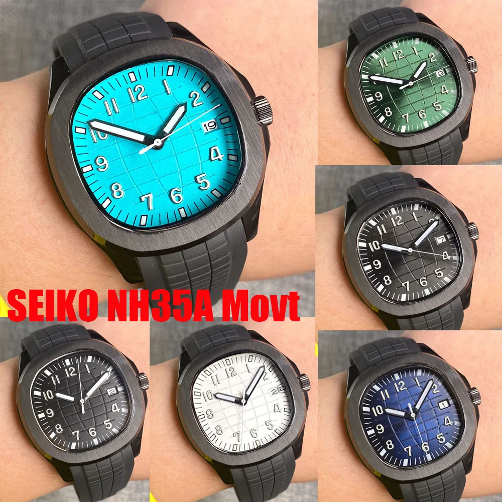 NH35A Black Square Automatic Watch for Men Curved End Silicone Bracelet PP 316L Steel Wristwatch Sapphire Crystal Sport Clock