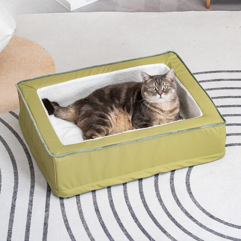 

Winter Warm Cat Bed Square-shaped Anti-slip Waterproof Leather Cat Dog Pet Bed Products Household Pet Supplies Accessories