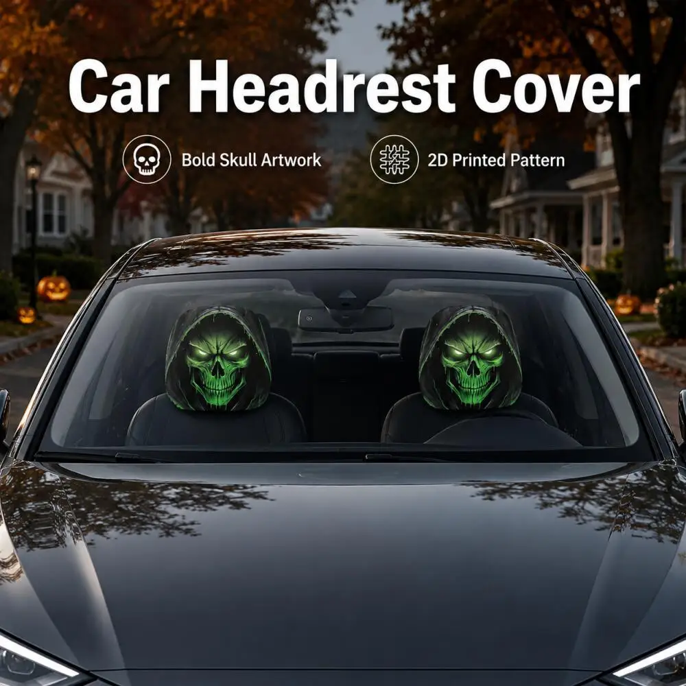 2PCS Green Glow Hooded Reaper Skull Car Headrest Covers 2D Flat Gothic Skeleton Black Dark Universal Auto Headrest Protector