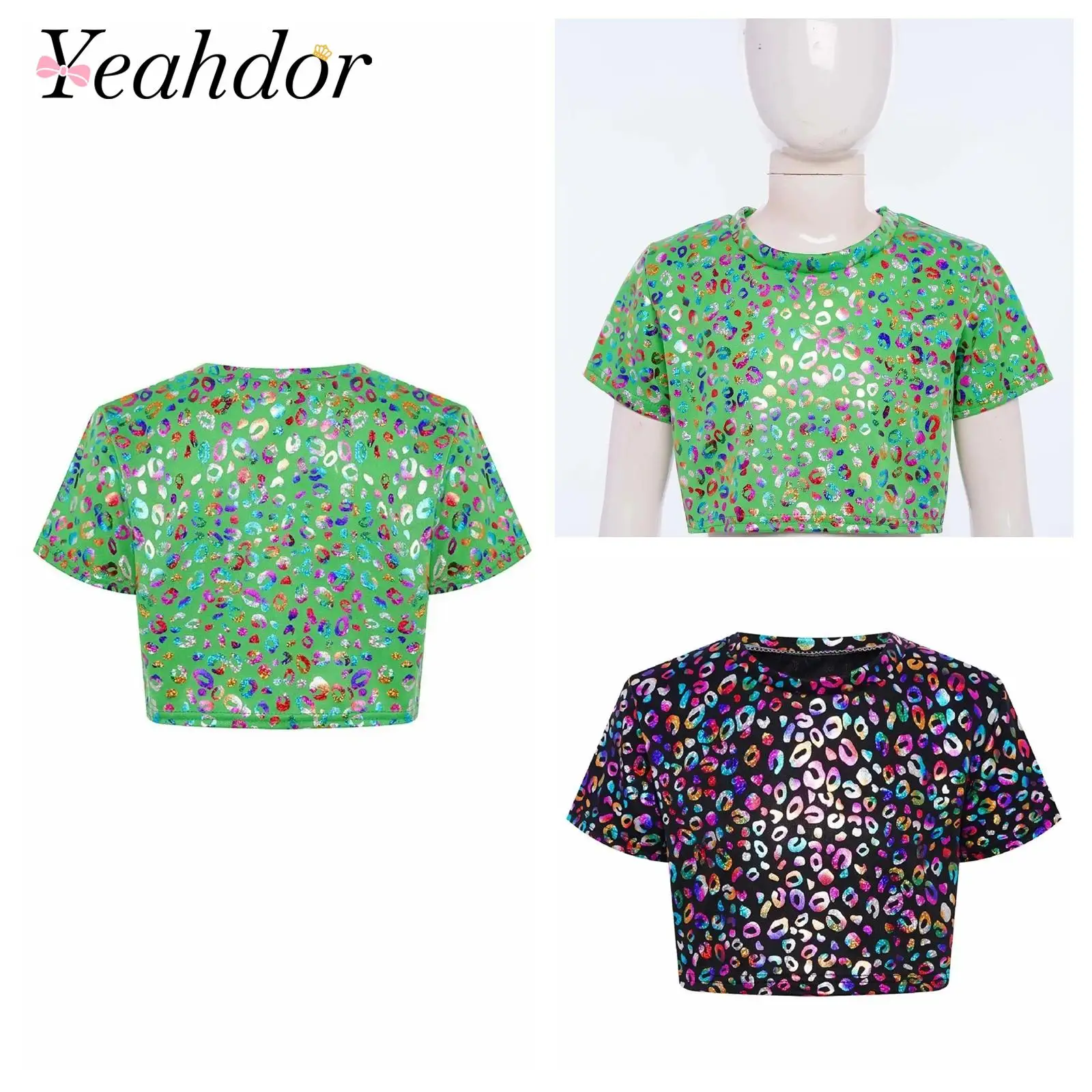 

Kids Girls Leopard Print T-shirt Crop Top Round Neck Short Sleeve Metallic Jazz Dance Cheerleading Performance Costume Tees