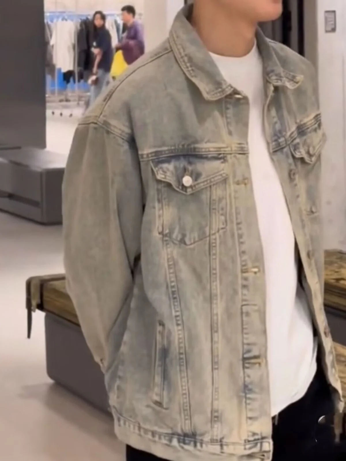 Retro Sli Herren Denim Jaet Frühling Herbst Casual Kragen Jugend Faion All-Match Oberbekleidung Stand Fit Lange Sve Mantel