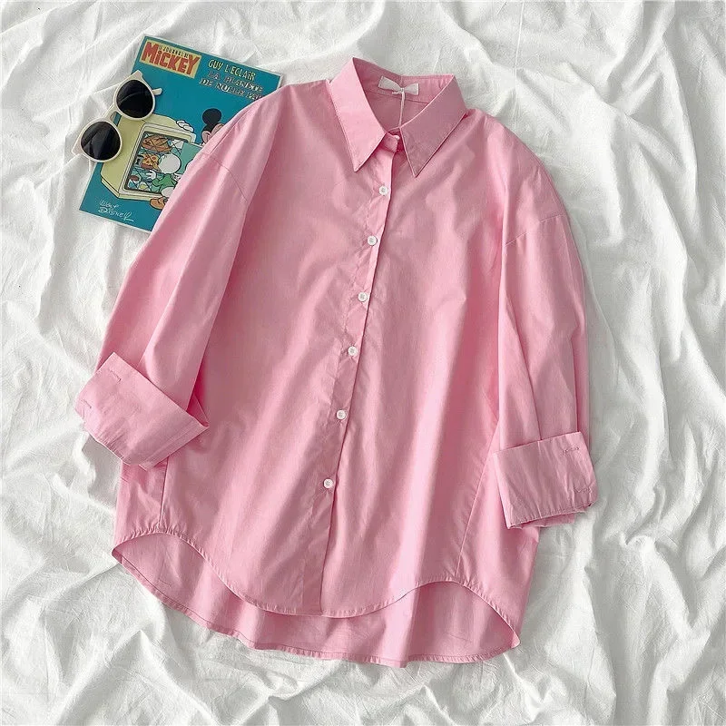 QNPQYX Women Blouses Office Lady Tops Pink White Blue Button Up Long Sleeve Shirt Female New Spring Korean Fashion Shirts Mujer