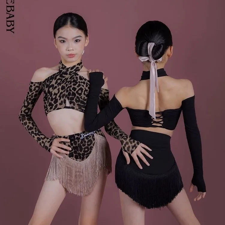 Costume de scène jupe à franges léopard costume de concours de danse latine gland Dancewear tenue latino-américaine vêtements de danse de ligne