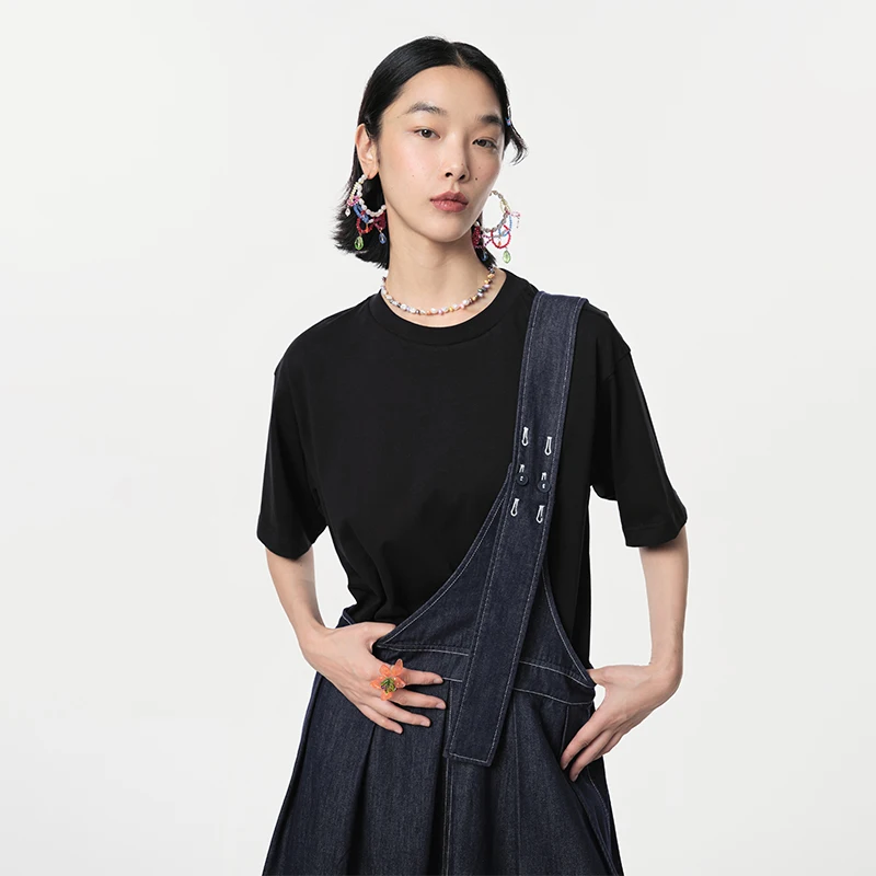 MOVEUP Short Sleeve Round Neck Dress Set 2026 Spring New One Shoulder Strap Pocket Two-Piece Office Casual Denim Dress 324141304