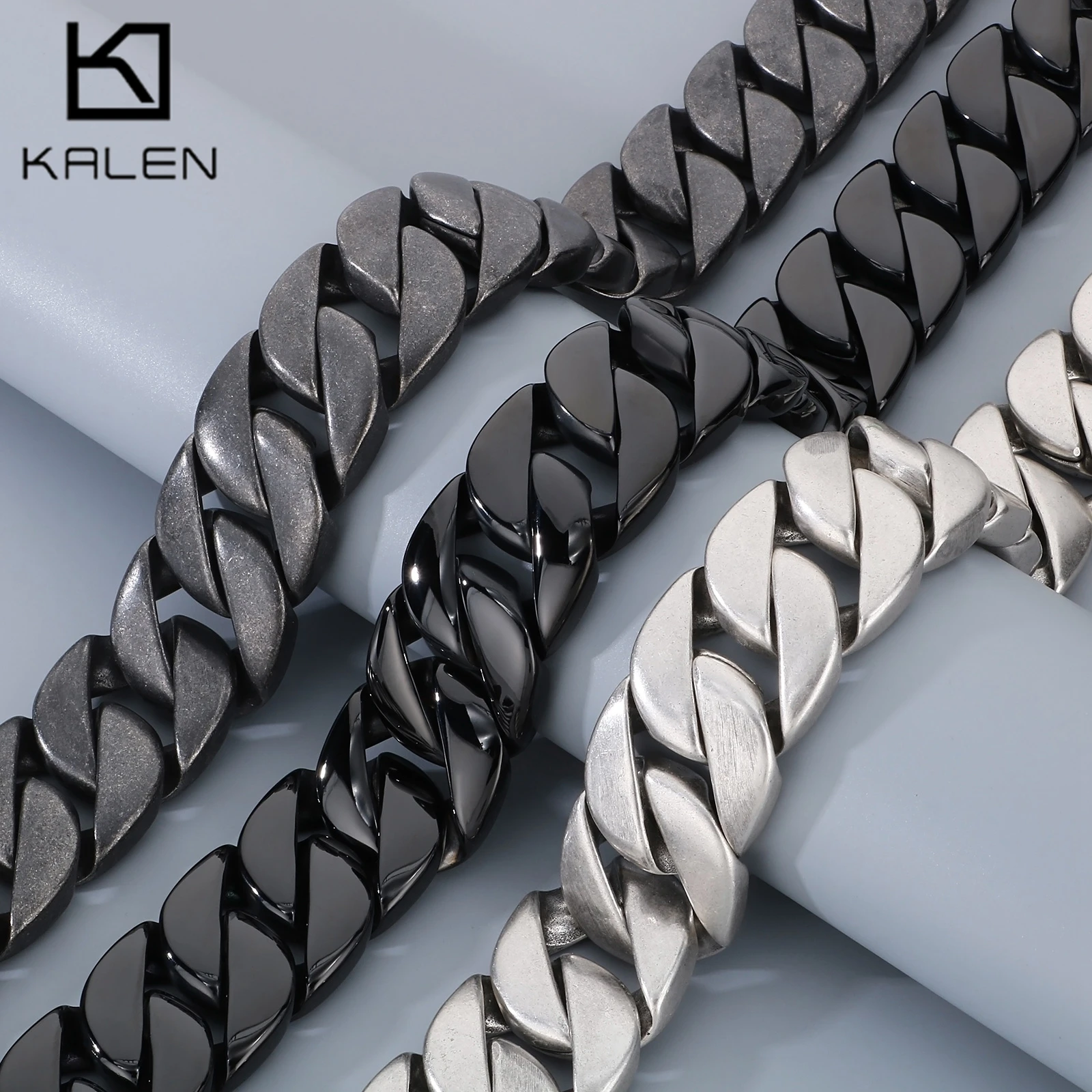 KALEN 31MM Black Cuban Chain Men's Bracelet Women‘s Choker Vintage Larger Necklace Cool Girl Trendy Stainless Steel Jewelry Gift