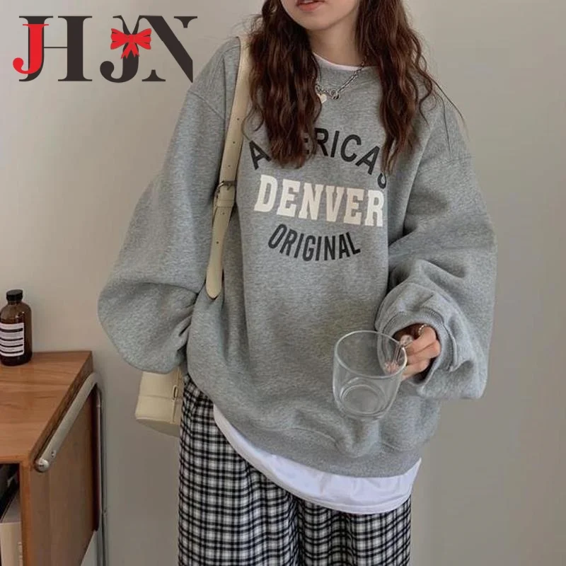 JHJN Women Sweatshirt Letter Printed Pullovers Casual O-Neck Tops Sporty Hoodies Fashion Female Clothing Preepy Style Tracksuit