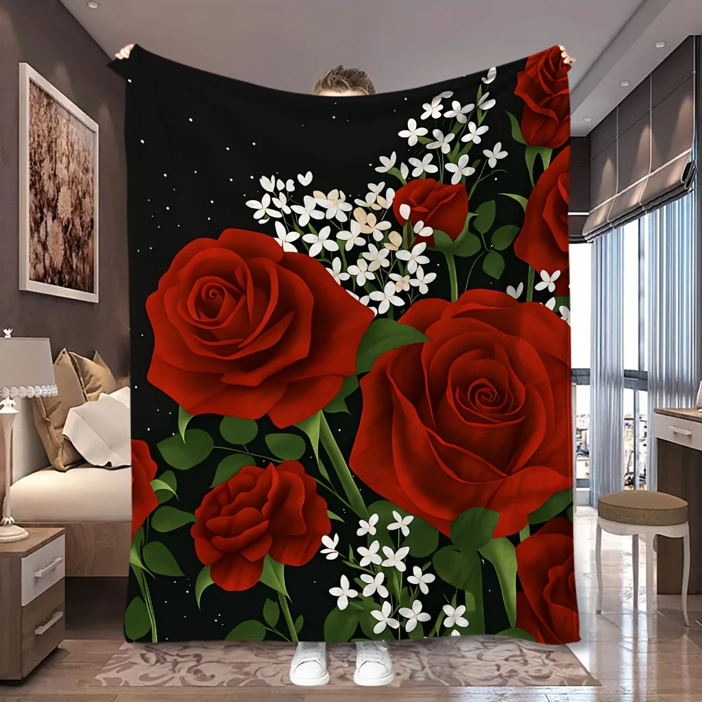 1pc Dark Background Big Red Rose Floral Romantic Print Flannel Blanket, Comfortable And Lightweight, Suitable for Blankets, Bed