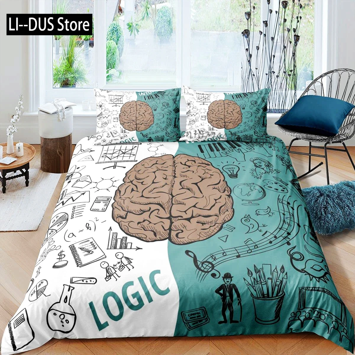 

Human Brain Duvet Cover Set For Boy Child Students Microfiber Music Art Quilt Cover Decor Math Science Subject Theme Bedding Set
