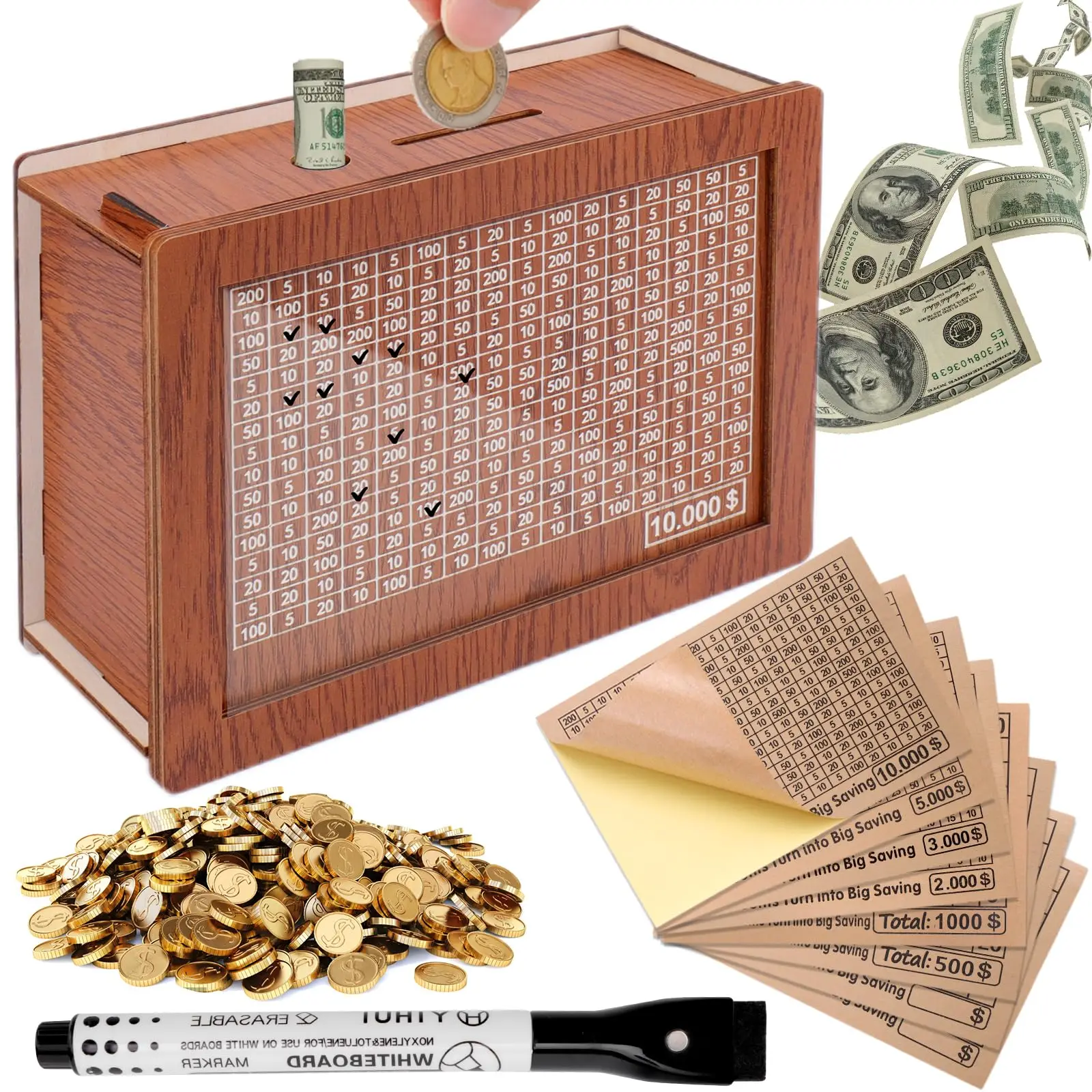 Cash Vault Wooden savings box, 10000 5000 3000 2000 1000 500 Money Saving challenge cash savings box, adult savings pot