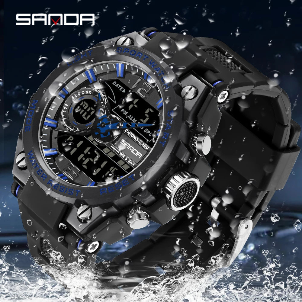 Mode Sanda Top-Marke Militär Outdoor-Sport Dual-Display führte Datum Digitaluhren wasserdichte Herren Quarz Relogio Masculino