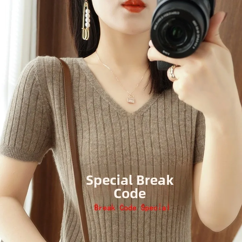 

Spring Autumn ort Sve Women's Wool Sweater V-ne Striped Summer Knitted Slimming Thin Base Layer Knitted Top