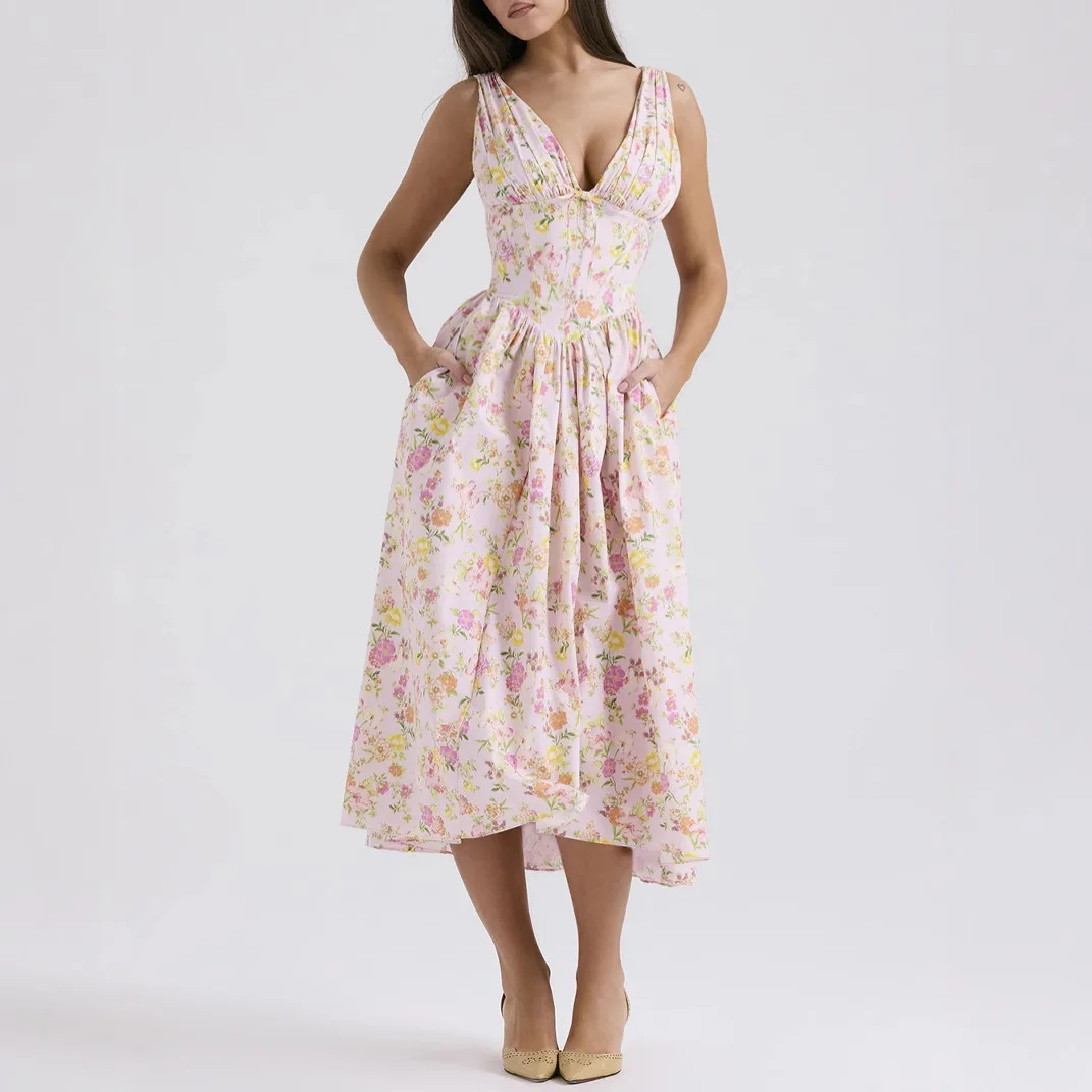 

2025 Spring and Summer New Models Slim-fitting Suspender Dress European and American Casual Printed V-neck Temperament Dress