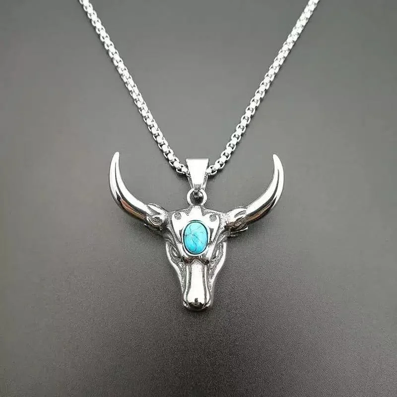

Punk retro accessory titanium steel polished turquoise bull pendant necklace