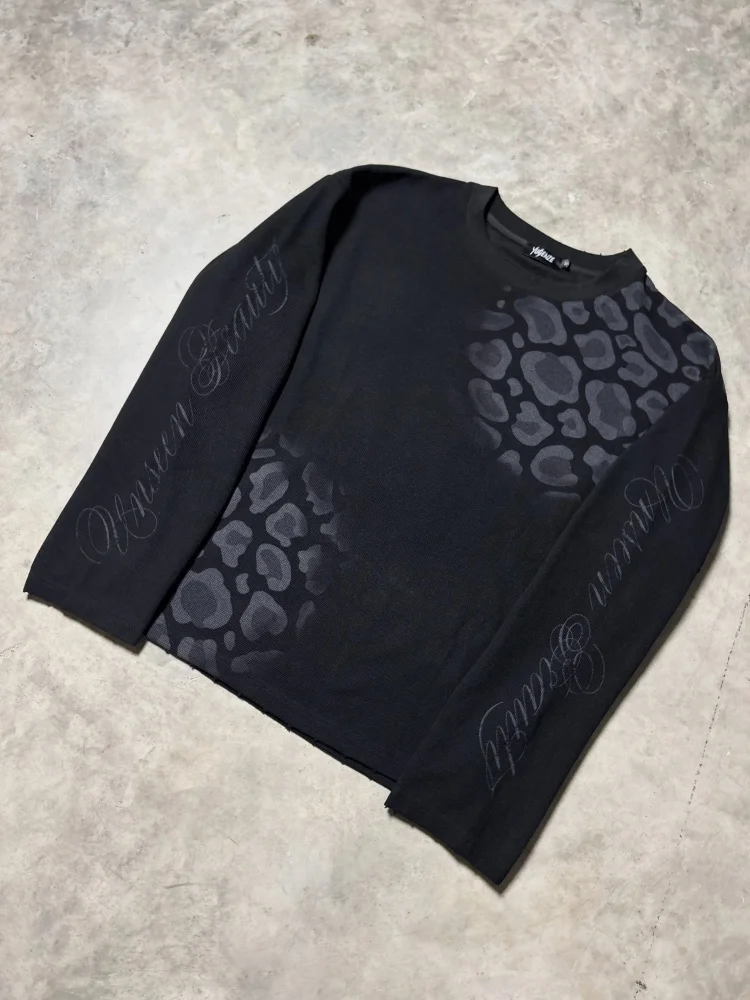 Black Waffle Long‑Sleeve T‑Shirt With Dark Grey Gradient Leopard & Sleeve Cursive Print