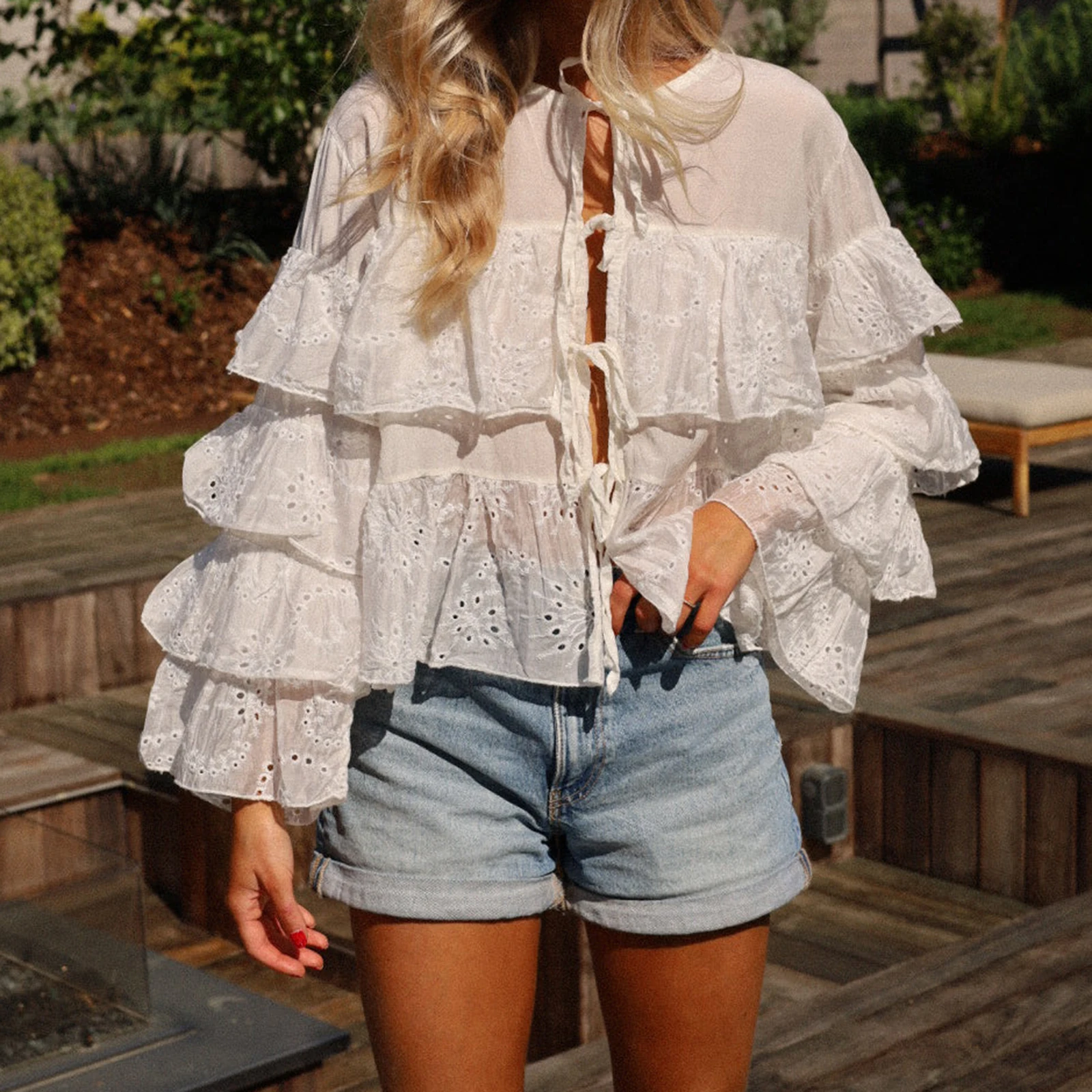 

Combhasaki Women Spring Front Bow Tied Hollow Out Shirt Tops Long Sleeve Round Neck Ruffle Tiered Floral Jacquard Eyelet Blouses