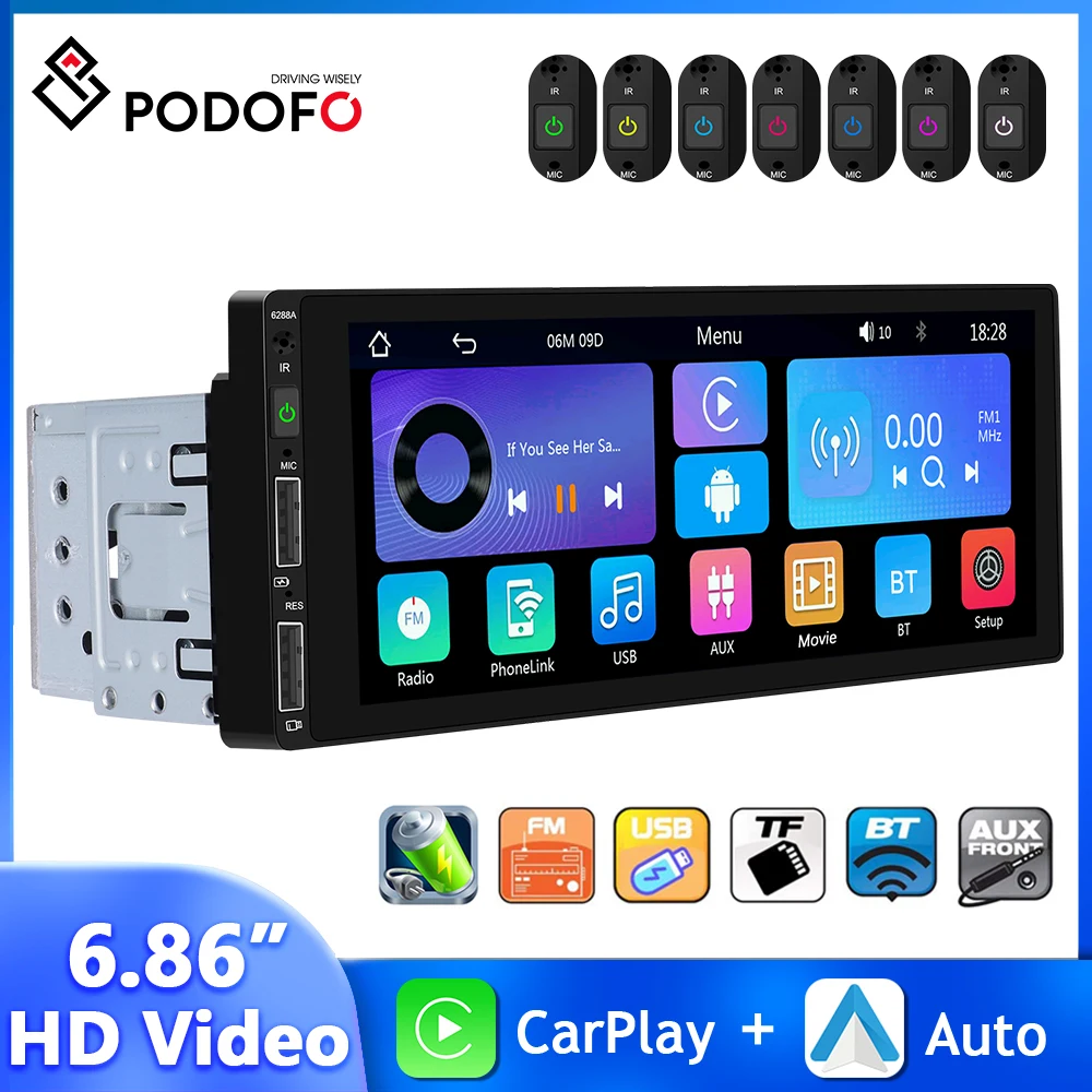 

Podofo 6.86'' Car Radio MP5 1Din Multimedia Player Wireless Carplay Android Auto Bluetooth Rearview Camera Universal Car Stereo