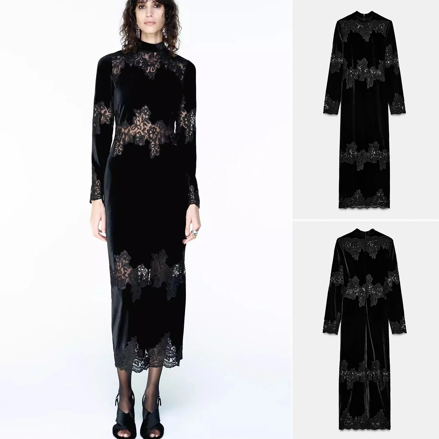 

Spring New Women's High Collar Long Sve Lace Splice Long Dr A-Line Silhouette Casual Polyester Fiber Gown