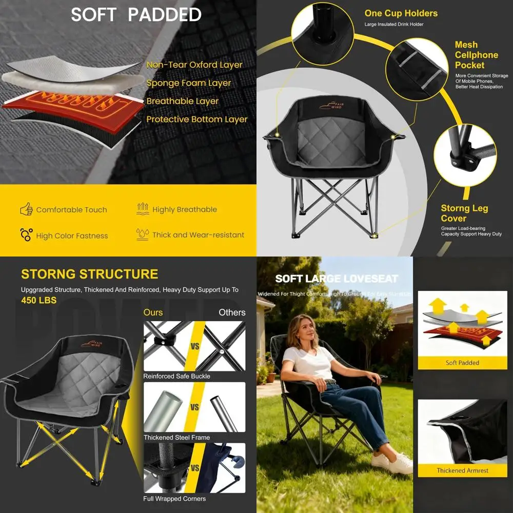 

Прочное складное кресло для кемпинга с мягким сиденьем, выдерживает до 450 фунтов, портативное уличное кресло черного цвета