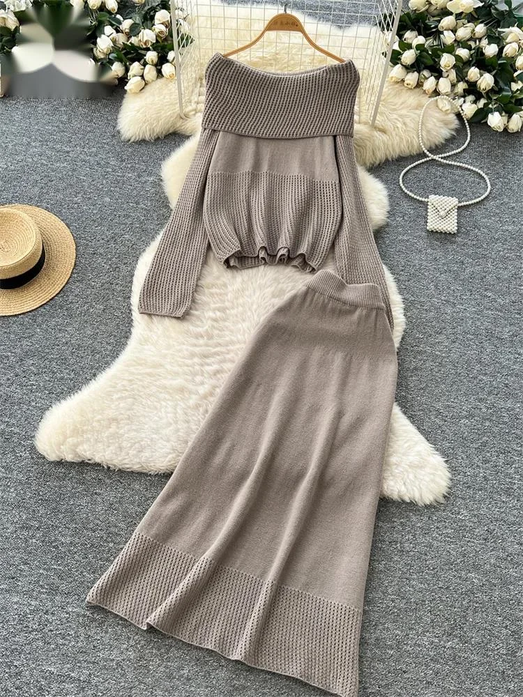 

Autumn Knitting Warm Sweater Suits Female Off Shoulder Loose Tops +A Line Slim Skirt Temperament Women Two Piece Sets