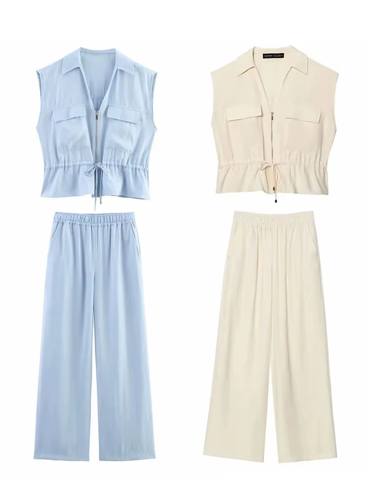 ชุดเสื้อแขนกุดคอวีติดซิปแต่งลูกไม้ผูกเชือก + กางเกงขายาวทรงหลวมเอวยางยืดสไตล์ลำลองสีกลาง