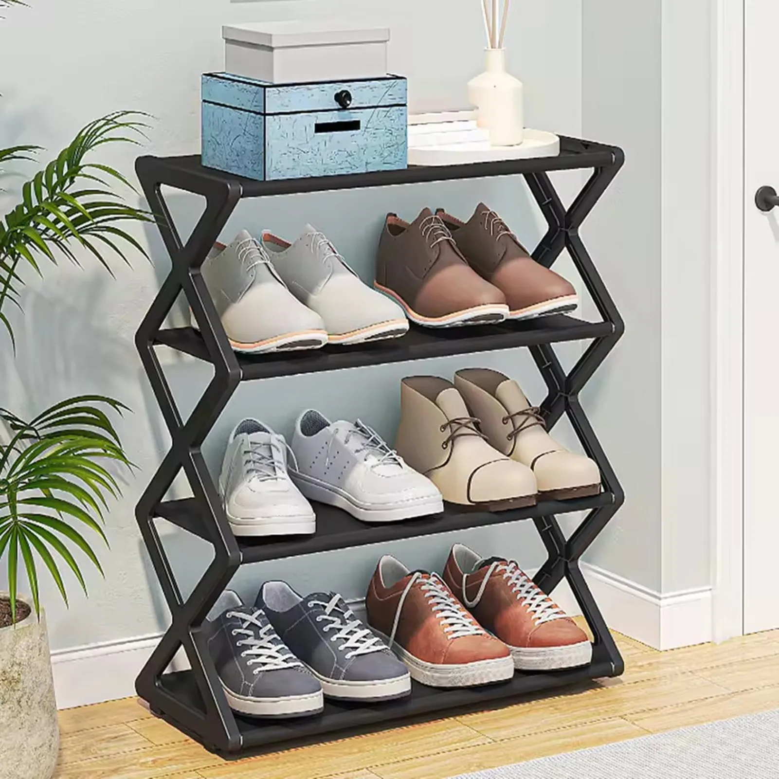 1 Piece Of 4-Layer x-Type Shoe Storage Rack Foldable Shoe Rack Simple Home Assembly Shoe Rack Suitable For Porch Living Room