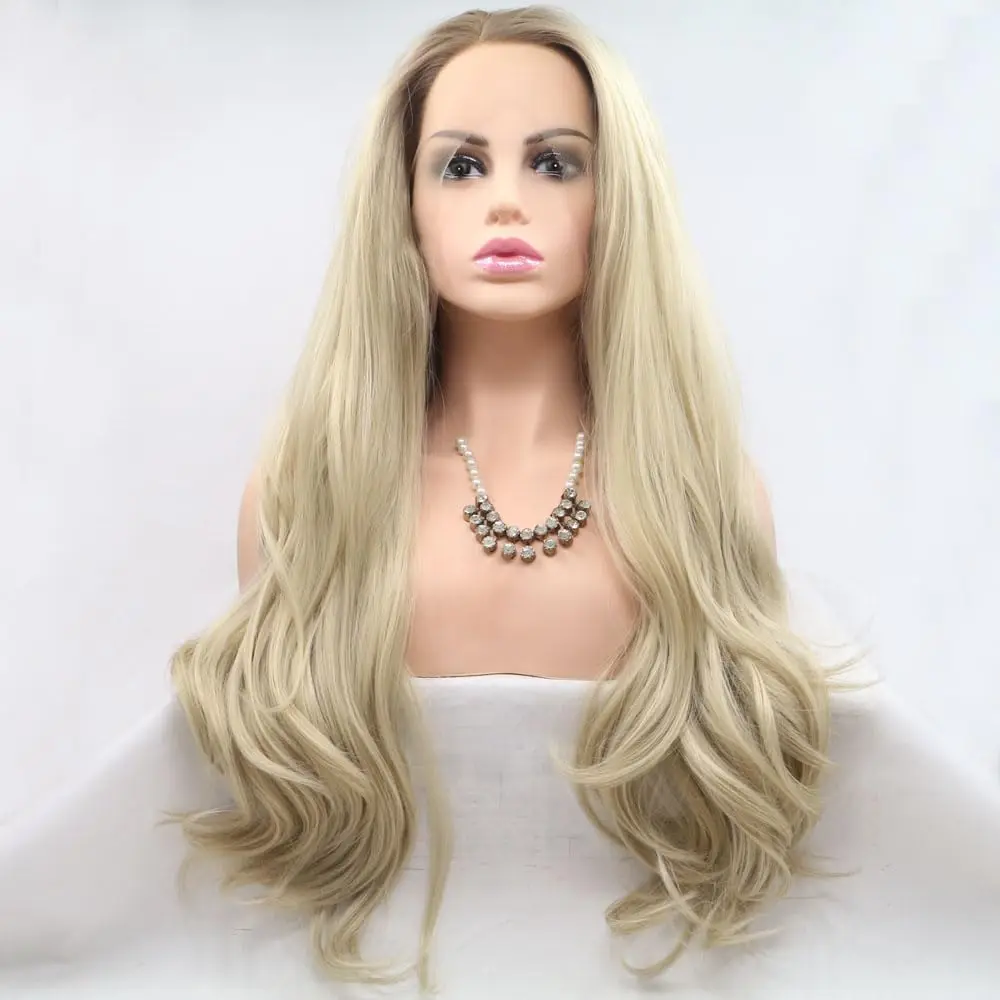 

Синтетические парики Sylvia: длинные волнистые парики с кружевной передней частью, светлые с коричневыми корнями, термостойкие волокна