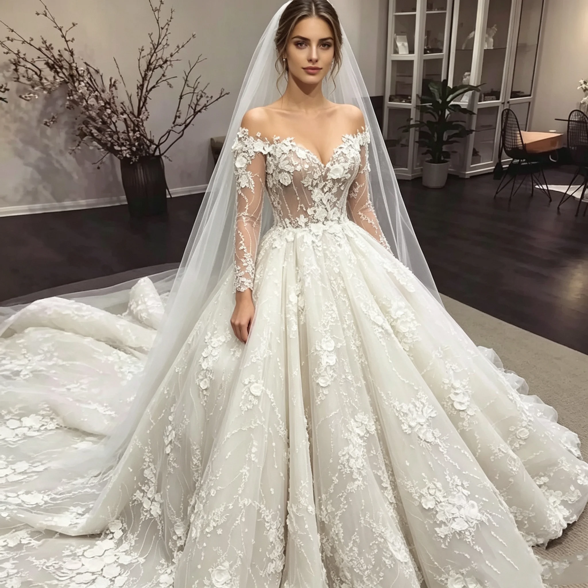 Luxury Off Shoulder 3D Floral Lace Wedding Dresses Long Sheer Sleeve Ball Gown Bridal Gown Cathedral Train Customize For Bride