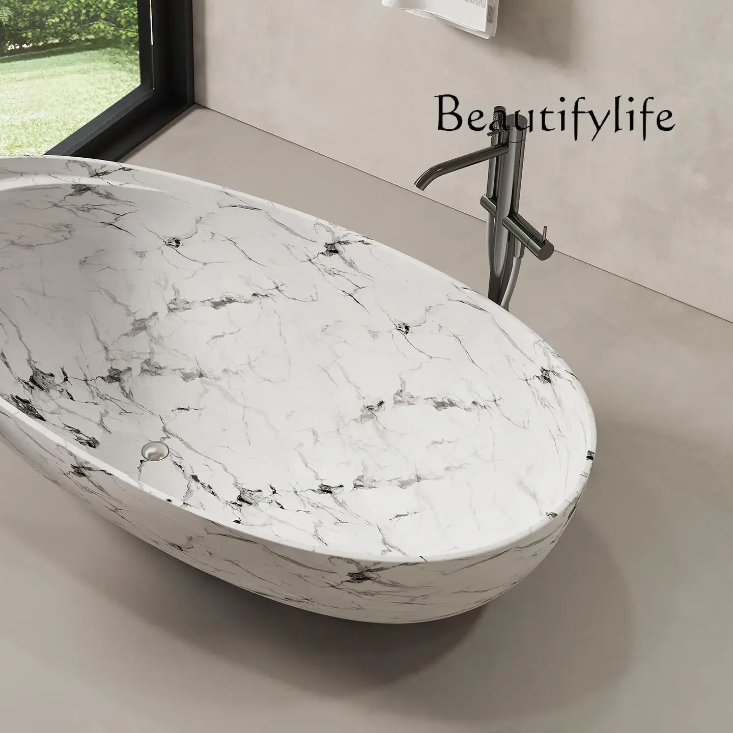 B4 X Calacatta White Marble Bathtub - French Retro Freestanding Artificial Stone Soaking Tub For Villa, B&B, Hotel Spa Bathroom