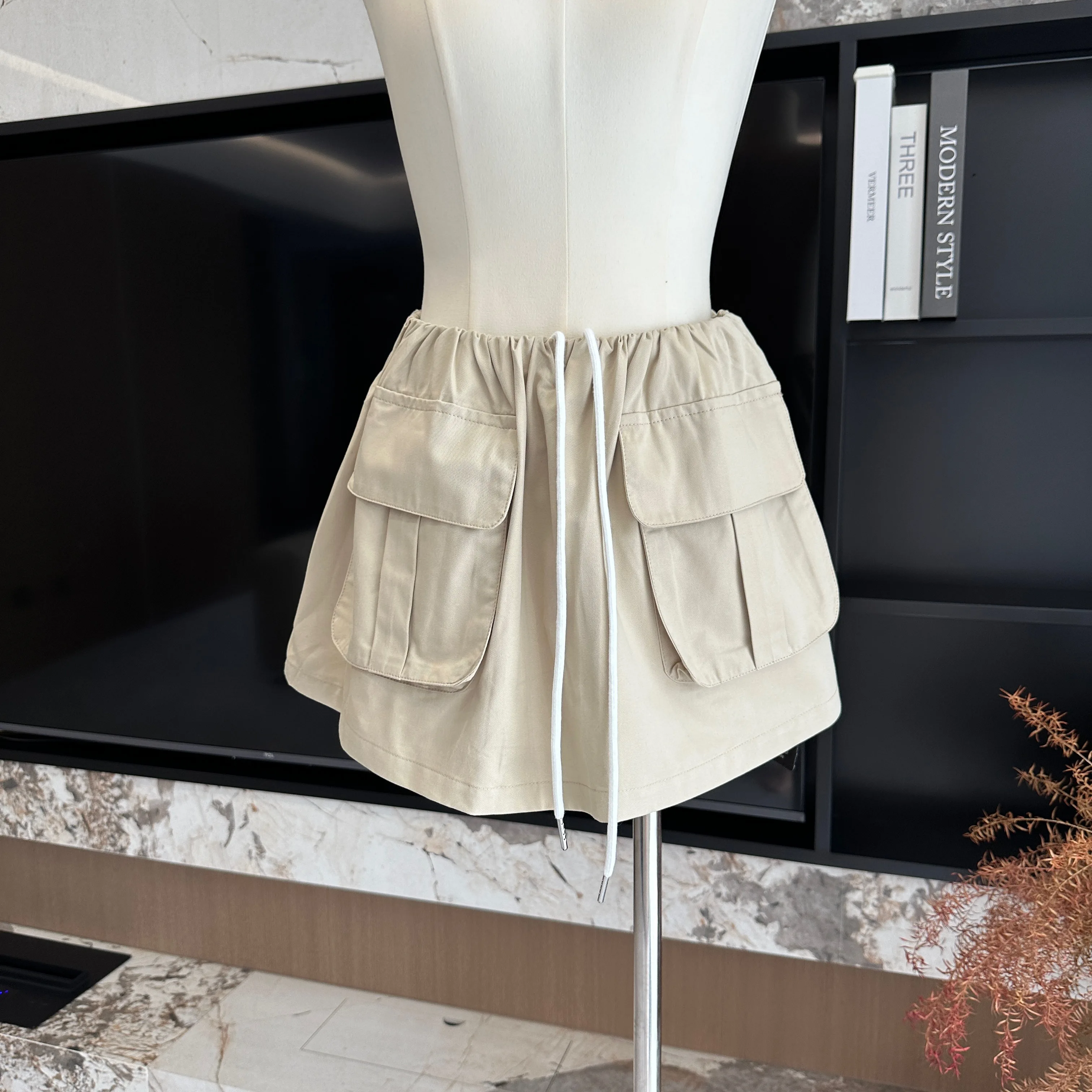 

Women's Summer Casual Pockets A Line Cargo Skirt Lady Solid Color Drawstring Waist Mini Skirt