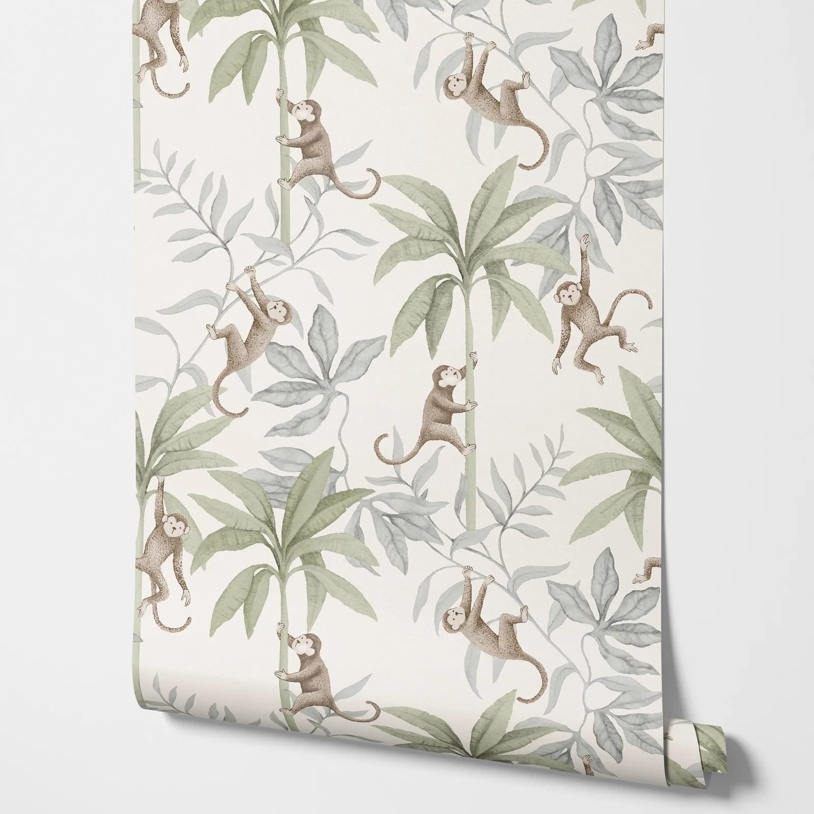 

Kids Jungle Animals Wallpaper with monkeys and Palm Trees in Forest, Cartoon Animal White Wall paper Jungle Friends