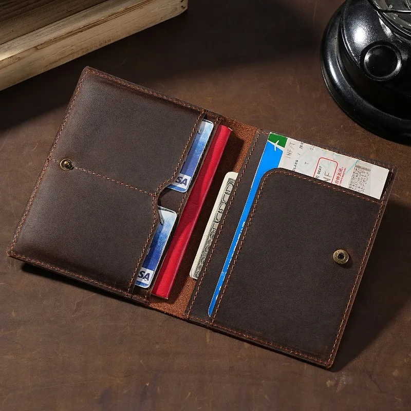 Custom Engraved Logo Crazy Horse Cowhide Card Clip Multifunctional Travel Passport Document Protection Card Holder Wallet