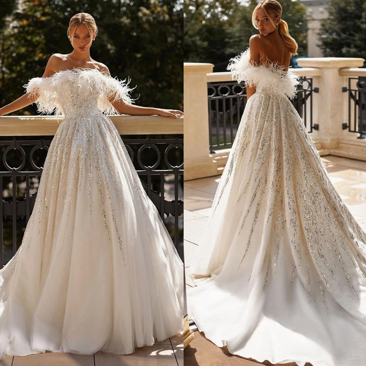 

Charming Feathers Bridal Gowns A Line Wedding Dress Custom Made Sequined Strapless Vestido de novia