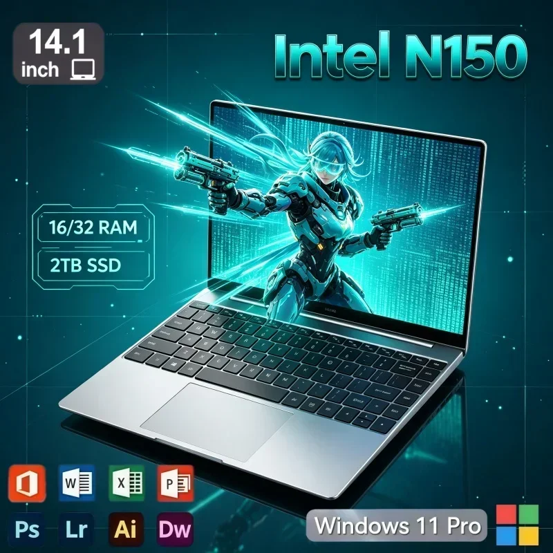 14.1 Inch Ultra Slim Office Study Laptop Intel N150 Processor Windows 11 32GB RAM 2TB SSD Fast Boot Portable Notebook PC