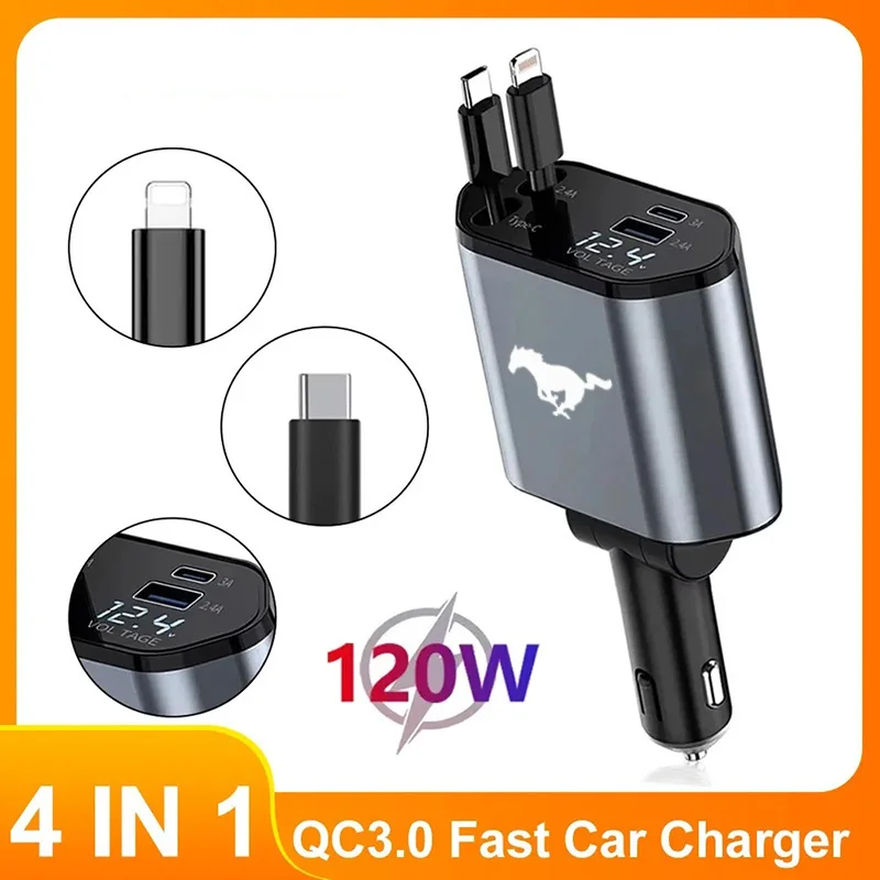 

120W Retractable Car Charger For IPhone Android Super Fast Charge Adapter QC3.0 PD USB Type C For Ford Mustang GT SHELBY Accesso