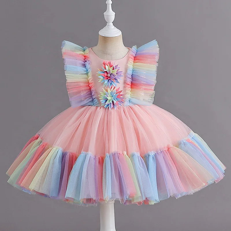 

Fashionable Festival Birthday Party Girl Kid's Dress Rainbow Tulle Princess Dresses Children's Short Style Sleeveless Bow Gown