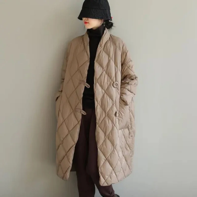 Zimowe lekkie damskie luźne, luźne, puchowa kurtka bawełniana, w kratę, stojące z kołnierzem, płaszcz z podszewką w stylu Vintage w stylu Midi