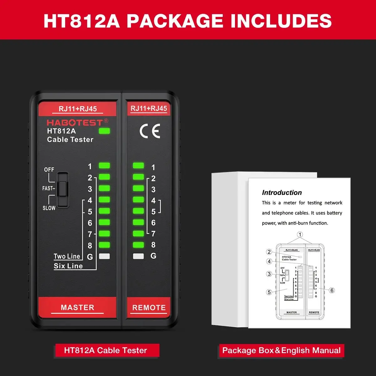 HABOTEST HT812A Kabeltester Netwerkkabeltester RJ11 RJ45 Tester voor tweeërlei gebruik LED-statusweergave NC/HDMI-reparatie