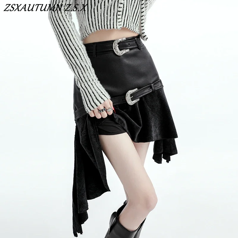 Coffee Irregular Skirt Women High Waist Skirt Korean Fashion Clothing Female New Autumn Patchwork Leather Skirt