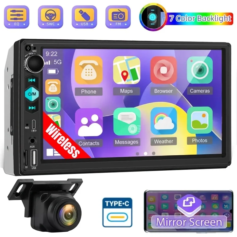 

17,78 см Автомобильный стерео радио MP5-плеер | Мультимедийный монитор с сенсорным экраном 2DIN и камерой заднего вида, беспроводные громкие звонки BT