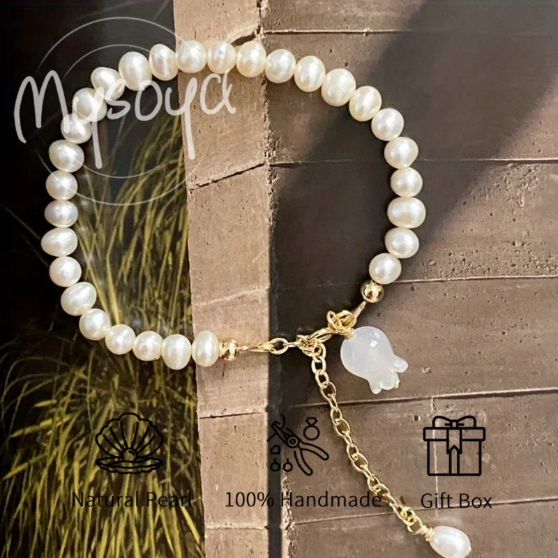 

MYSOYA 5-6mm Natural White Freshwater Pearl Bracelet With Lily Of The Valley Pendant Gift Box Wedding Birthday Jewelry Gift