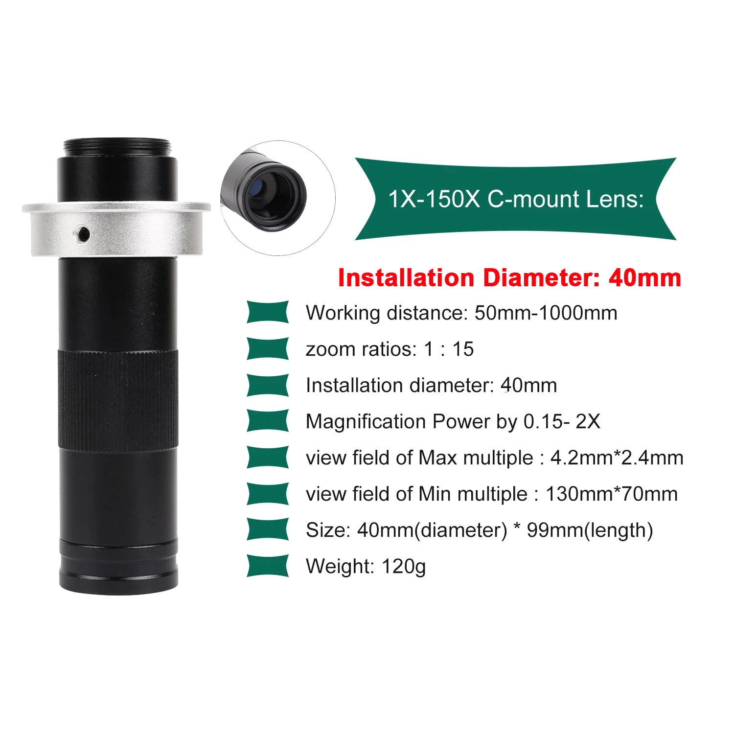 YIZHAN 0,5X Mikroskop-Hilfsobjektiv 25 mm Barlow-Objektiv Objektiv 150X C-Mount-Zoomobjektiv 28/40/50 mm Installationsdurchmesser Werkzeuge – Detail 9